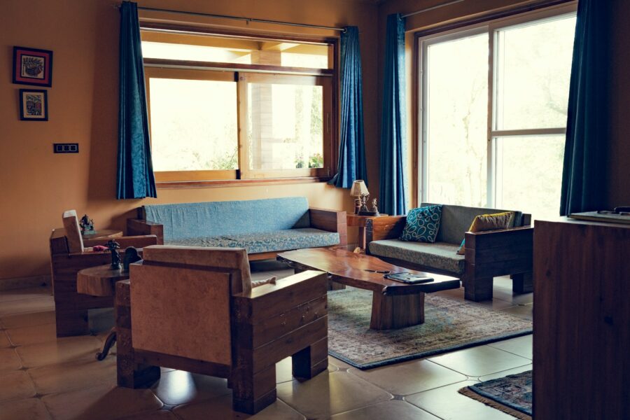 Living room window curtains sofa coffee table