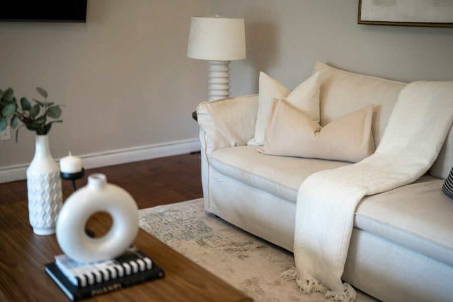 Folded blankets sofa living room