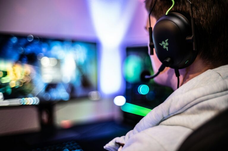 Person wearing gaming headset microphone