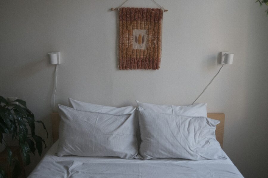 Bed pillows white bedding cozy bedroom