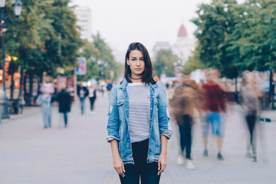 Woman light jacket city street