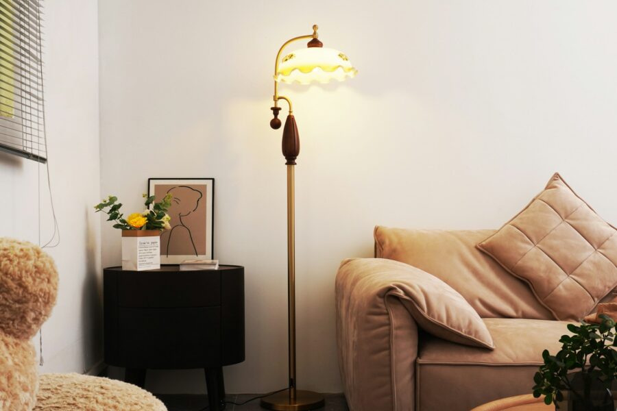 Warm living room floor lamp sofa evening
