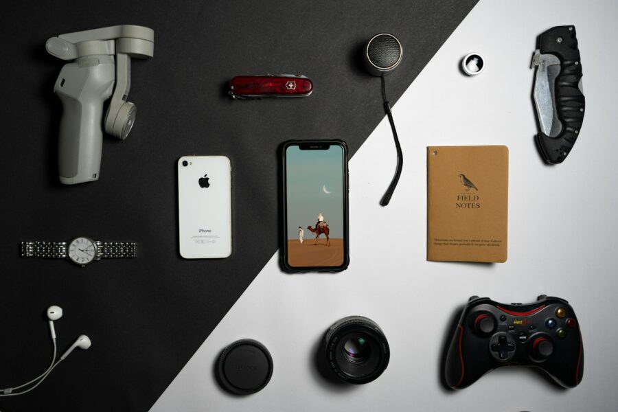 Small household gadgets flat lay home essentials