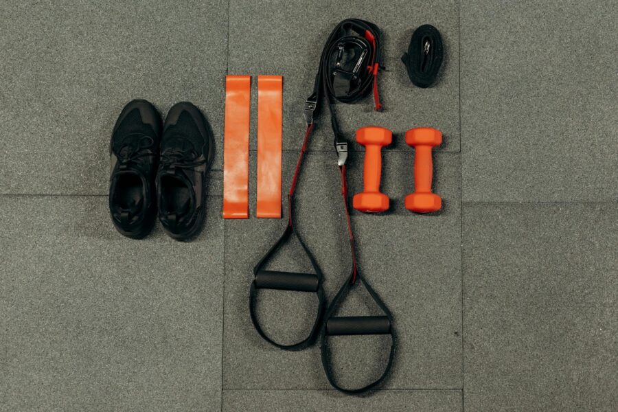 Resistance bands yoga mat dumbbells small home gym