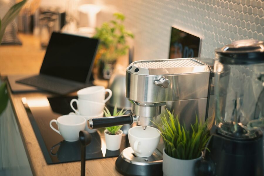 Compact coffee setup small kitchen counter grinder kettle