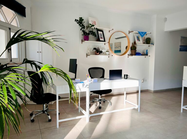 Home office desk chair laptop lamp plant