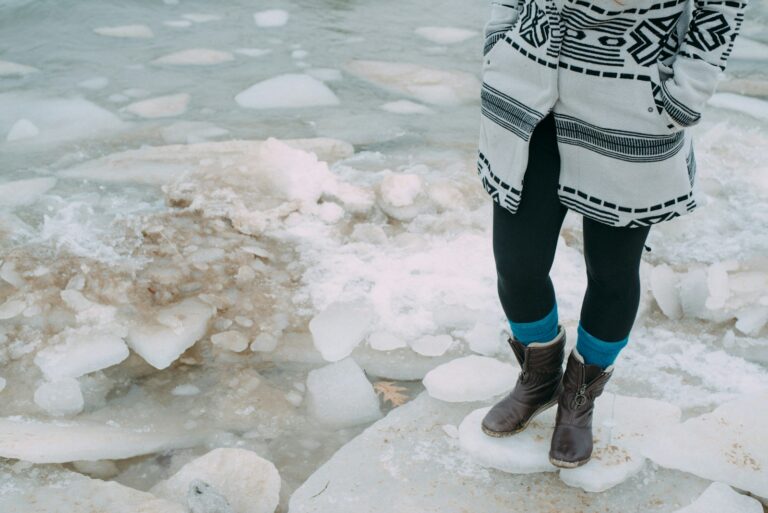 Cozy knitwear stack sweaters scarves winter boots snowy