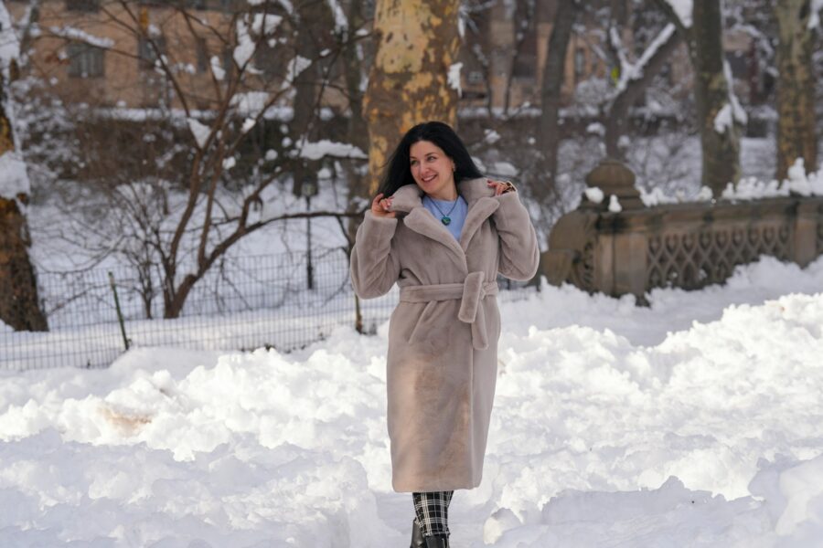 Winter street style warm coat scarf boots snow
